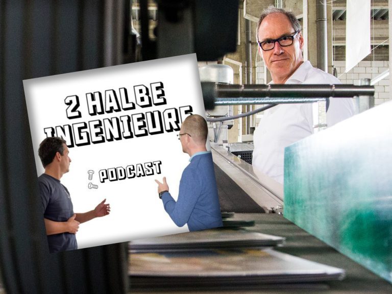 Reiner Vettermann an einer Maschine; Titelbild für den Podcast 2 halbe Ingenieure