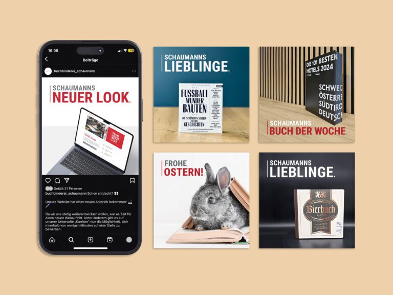 Buchbinderei Schaumann präsentiert neue Designs auf Social Media, darunter kreative Buchprojekte.